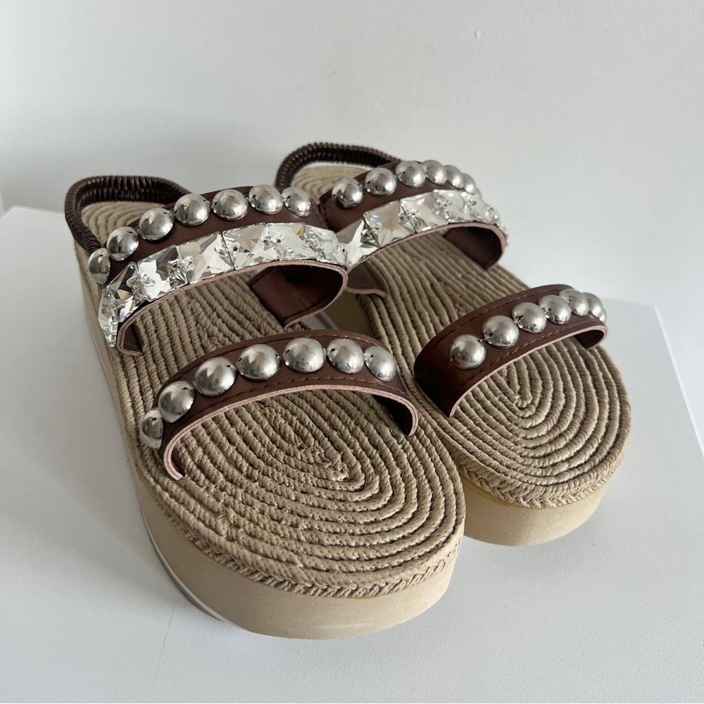 Sand By Saya bronze studded crystal espadrille platform handmade summer sandals